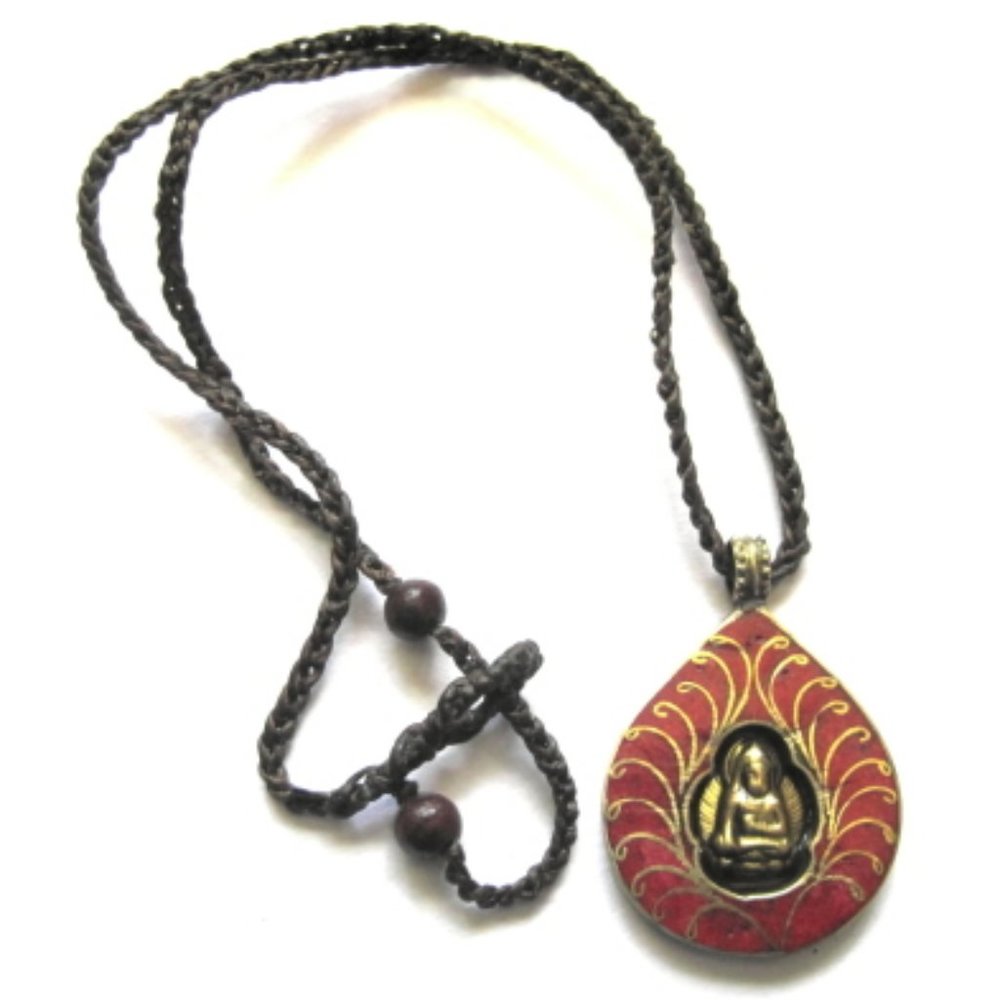 Brass Buddha Red Howlite Leather Necklace